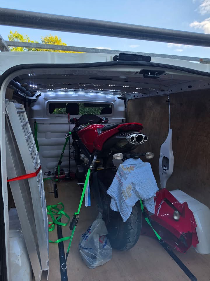 Motorcycle secured for transport by JMH